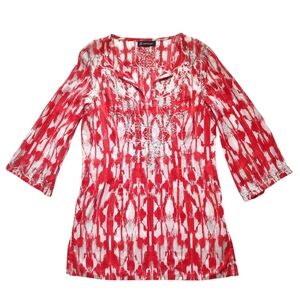 INC Red and White Beach Tunica Bikini Cover Silver Embroidery Size 4 NWT